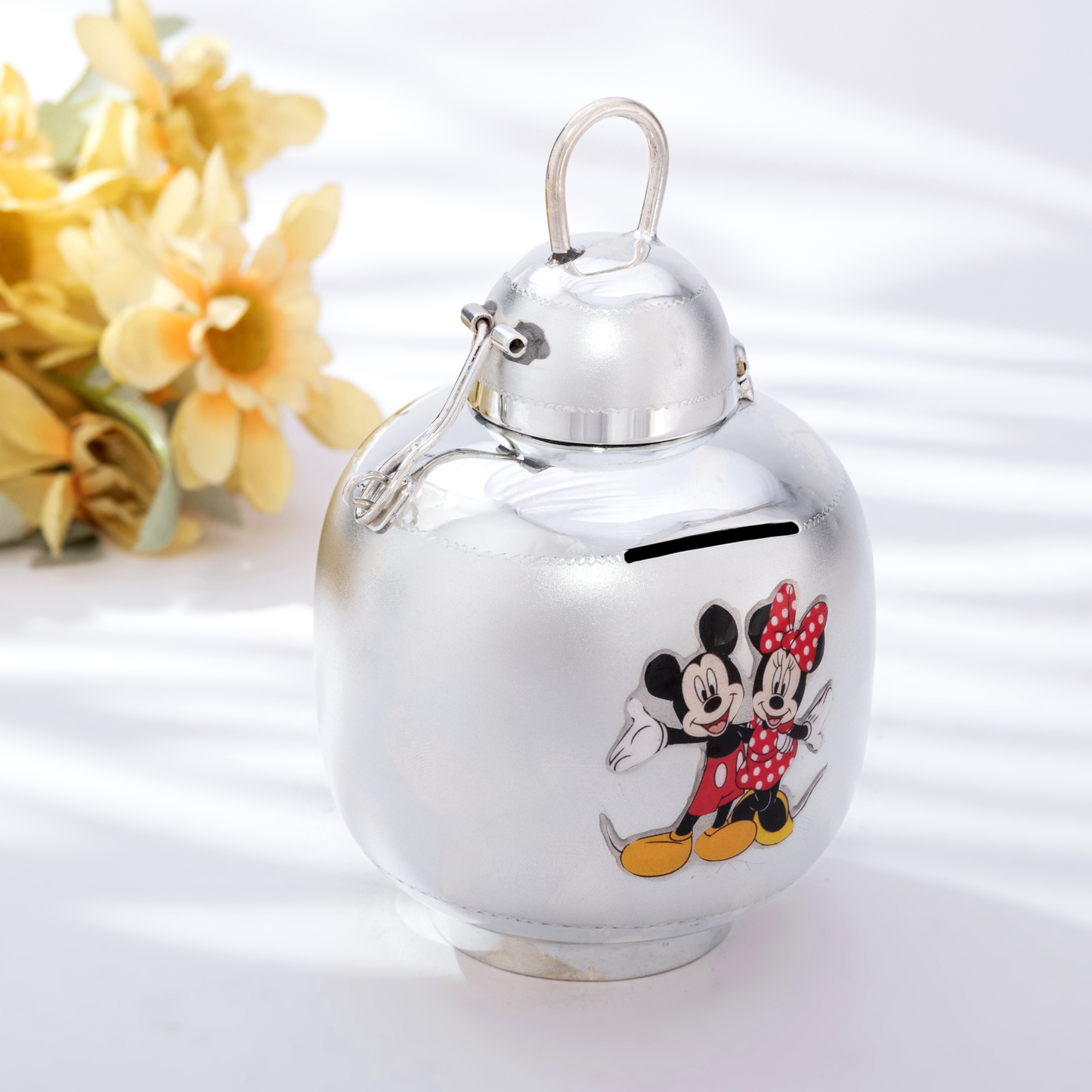 Sparkling Vintage Silver Piggy Bank with Mickey Mouse and Minnie Mouse Engraving