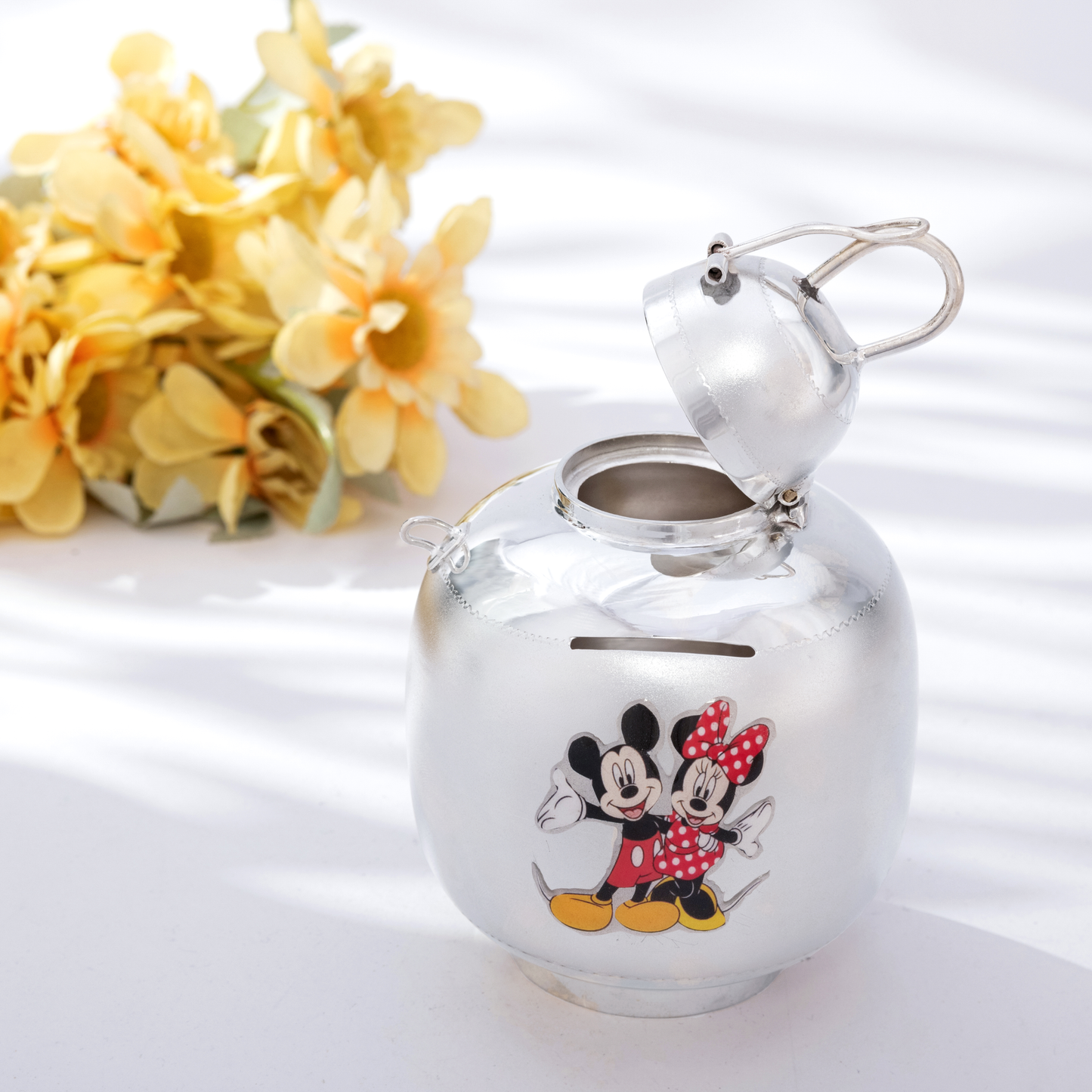 Sparkling Vintage Silver Piggy Bank with Mickey Mouse and Minnie Mouse Engraving