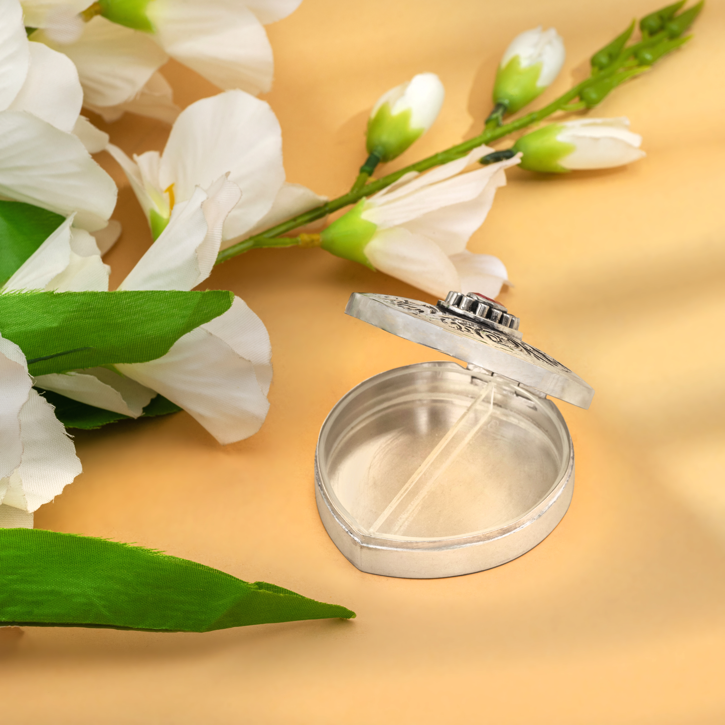 Handcrafted Antique Silver Chopra adorned with Elegant Semi-precious Stone