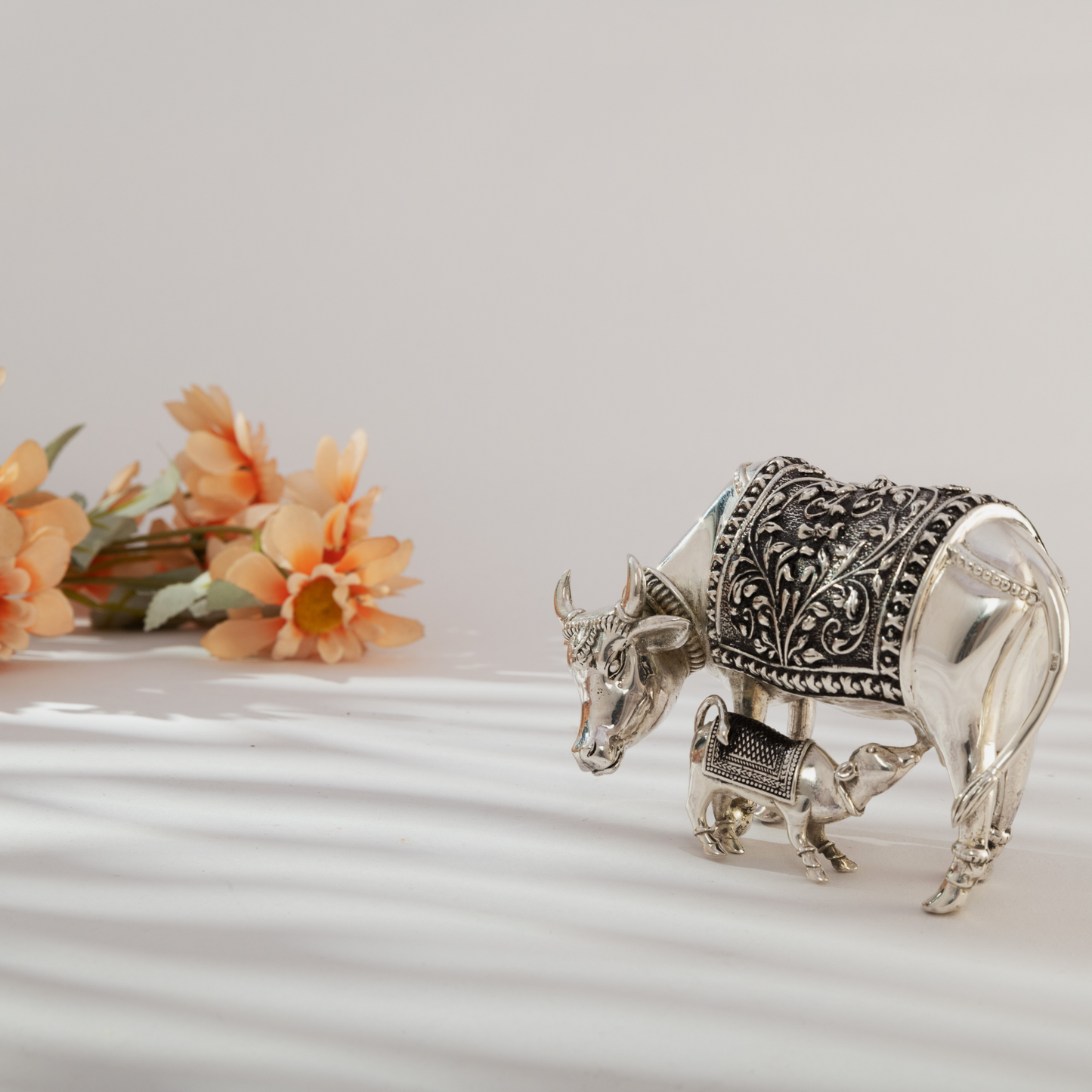 Sacred Silver Cow and Calf in Antique Finish
