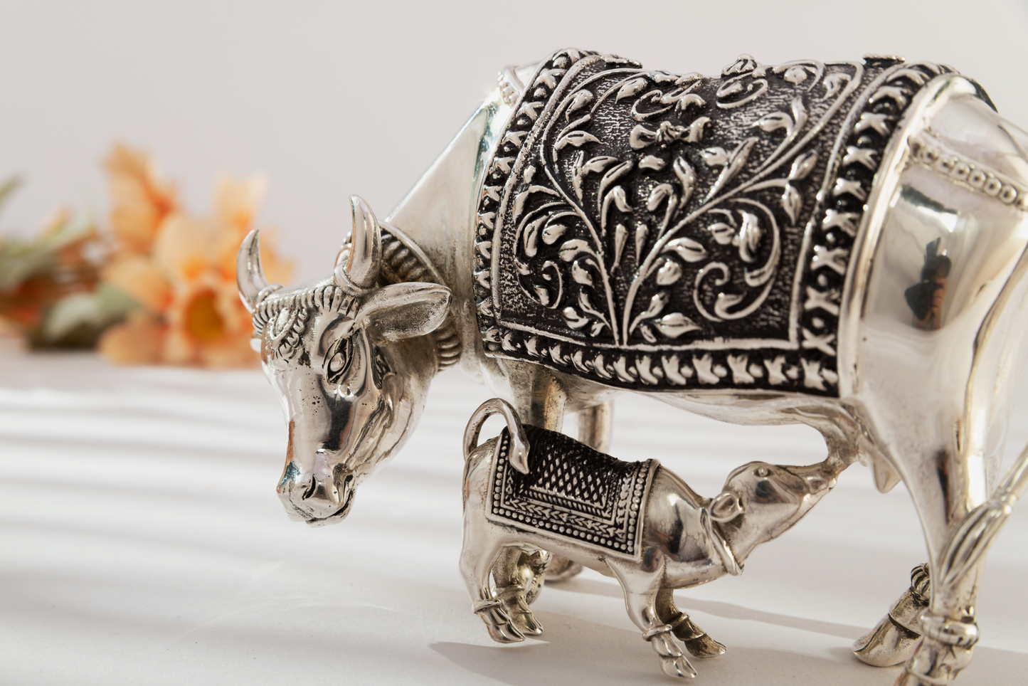 Sacred Silver Cow and Calf in Antique Finish