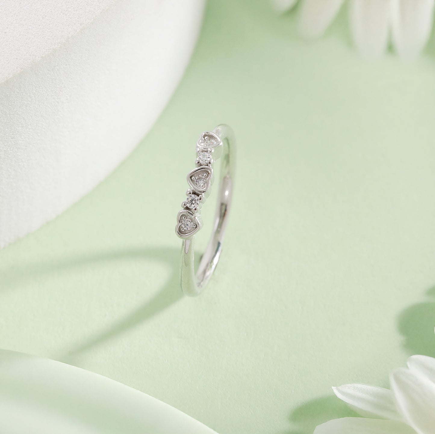 CZ Studded 925 Silver Hearts Ring
