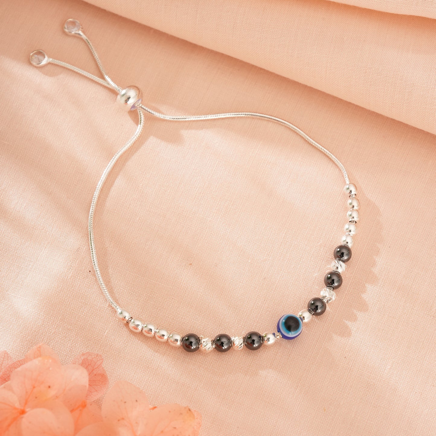 Adjustable 925 Silver Beaded Evil Eye Bracelet