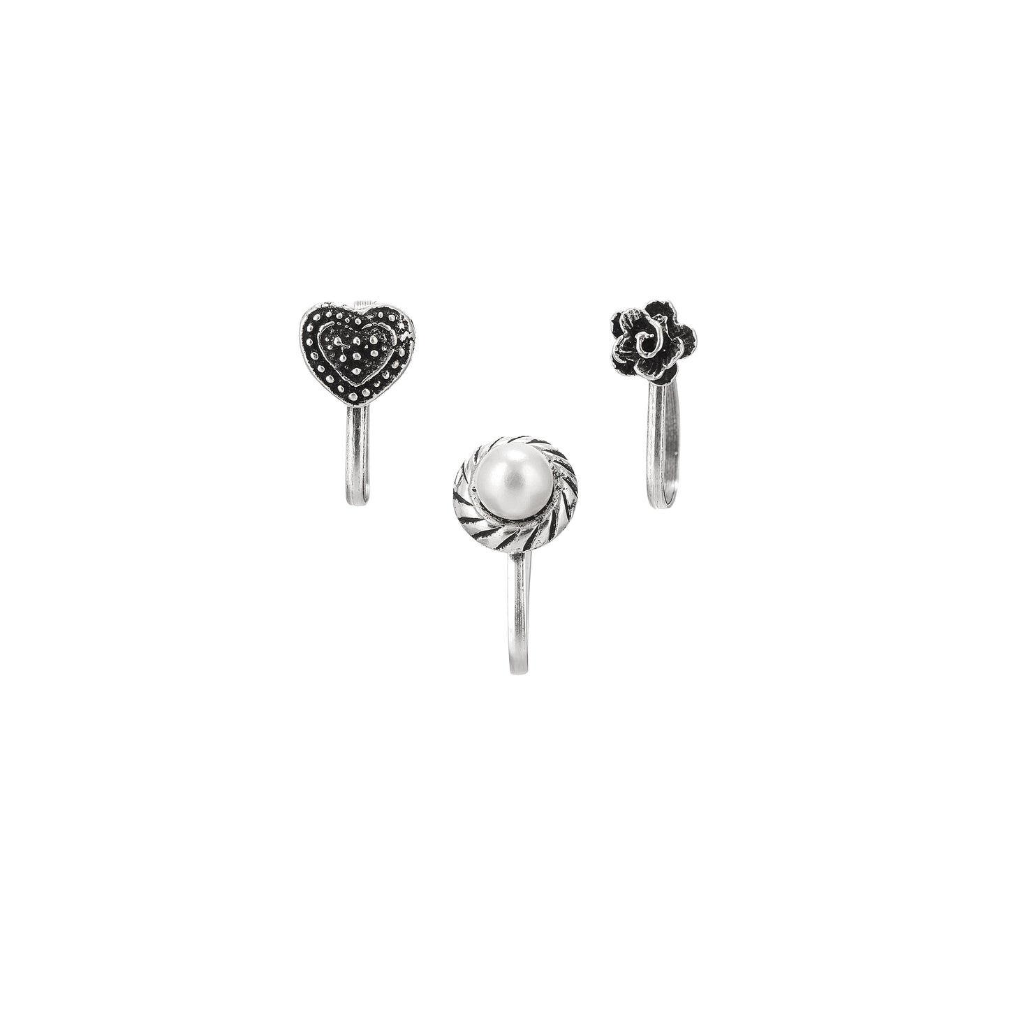 Sterling Silver Oxidised Clip-on Nose Ring - Set of 3