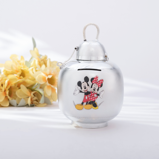 Sparkling Vintage Silver Piggy Bank with Mickey Mouse and Minnie Mouse Engraving