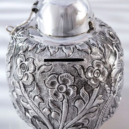 Vintage Silver Piggy Bank with Floral Nakshi