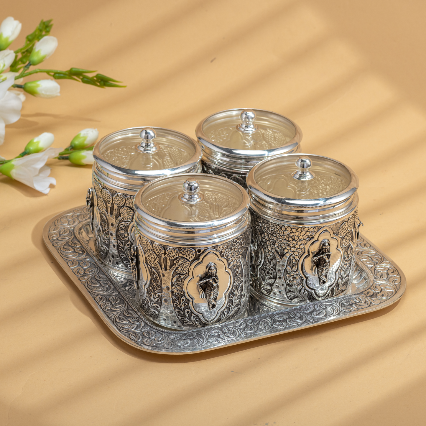 Bejeweled Krishna Dry Fruit Boxes and Tray set in Antique Silver