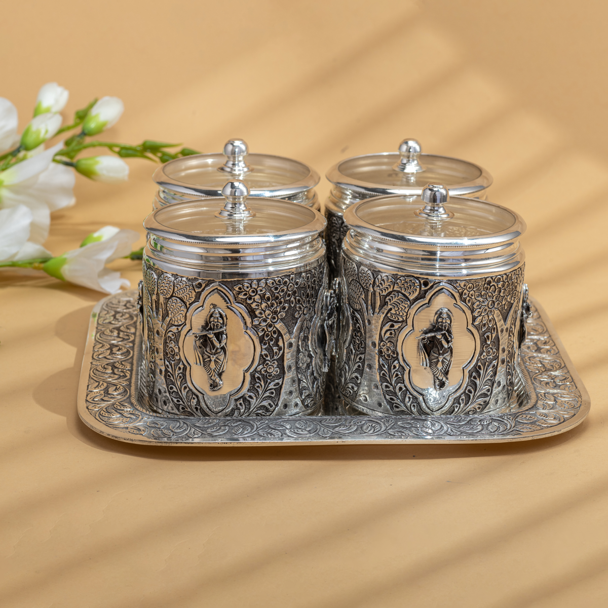 Krishna Rondo Trays Bejeweled Krishna Dry Fruit Boxes and Tray set in Antique Silver ...