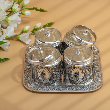 Bejeweled Krishna Dry Fruit Boxes and Tray set in Antique Silver