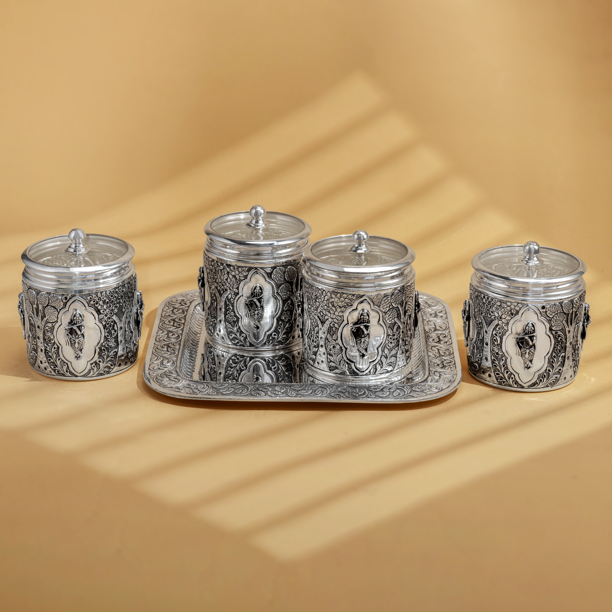 Krishna Rondo Trays Bejeweled Krishna Dry Fruit Boxes and Tray set in Antique Silver ...