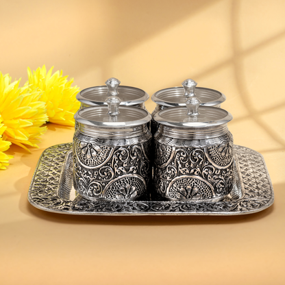 Enchanting Floral Silver Dry Fruit Boxes and Tray set in Antique Finish