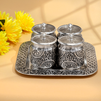 Enchanting Floral Silver Dry Fruit Boxes and Tray set in Antique Finish