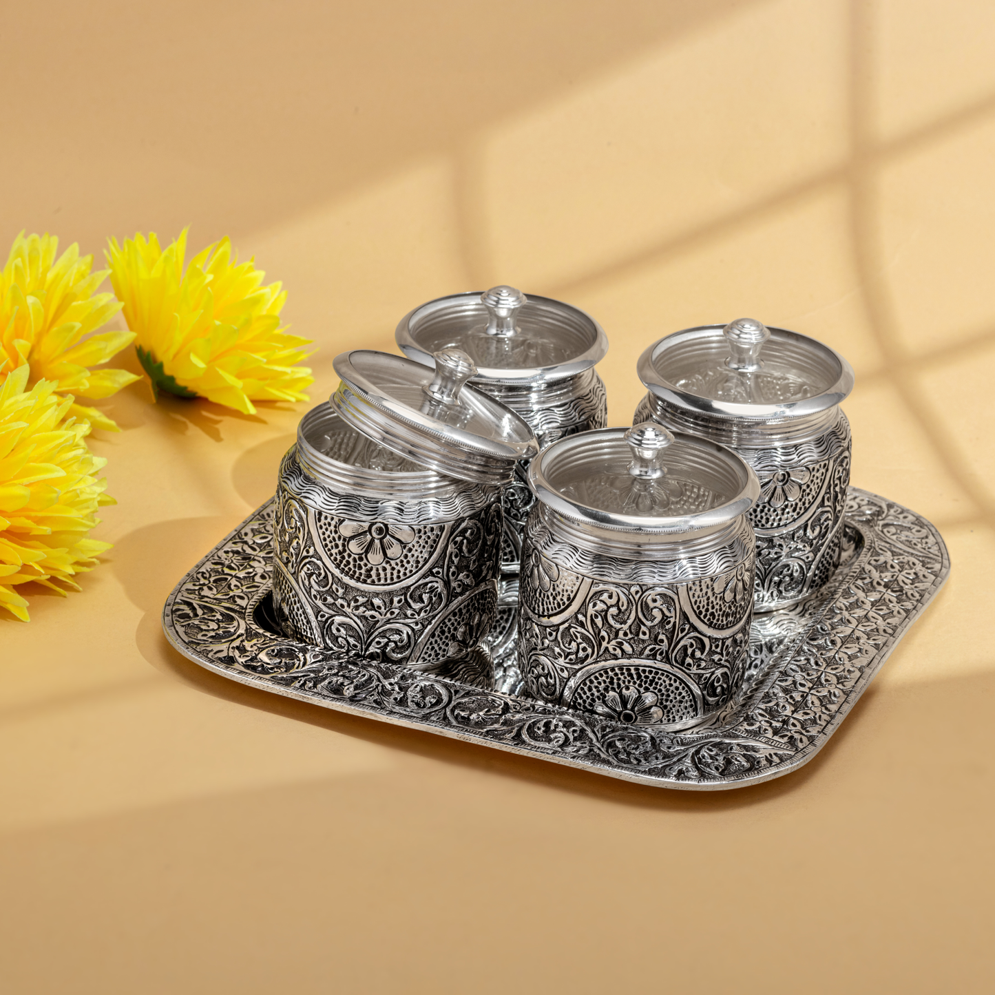 Enchanting Floral Silver Dry Fruit Boxes and Tray set in Antique Finish