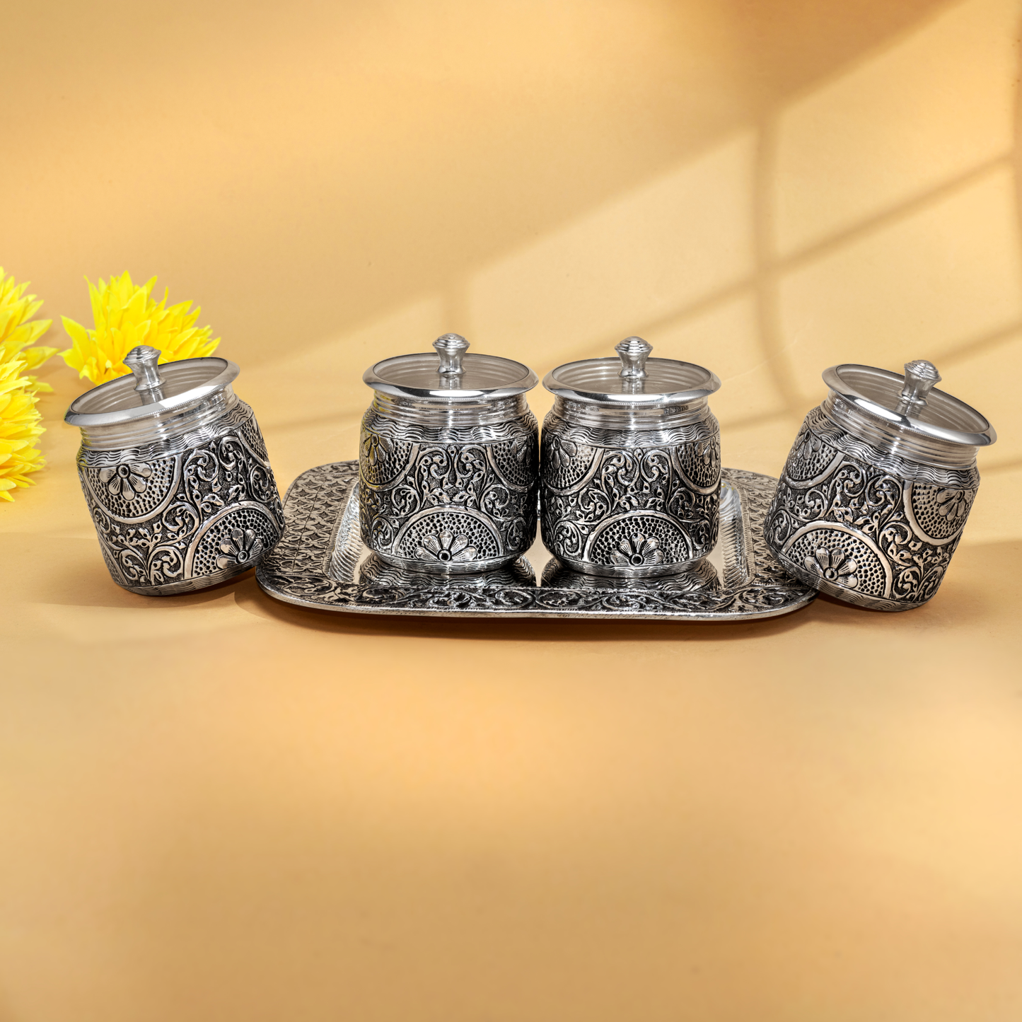 Enchanting Floral Silver Dry Fruit Boxes and Tray set in Antique Finish