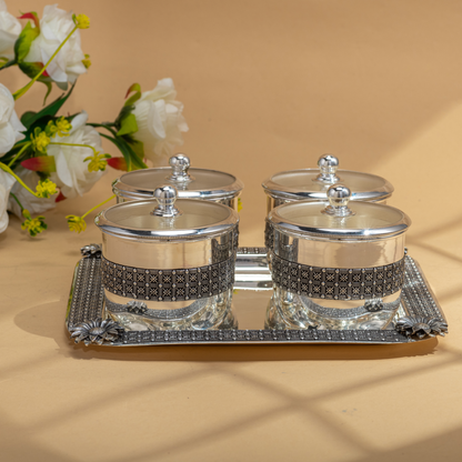 Graceful Silver Dry Fruit Boxes and Tray set with Antique detail