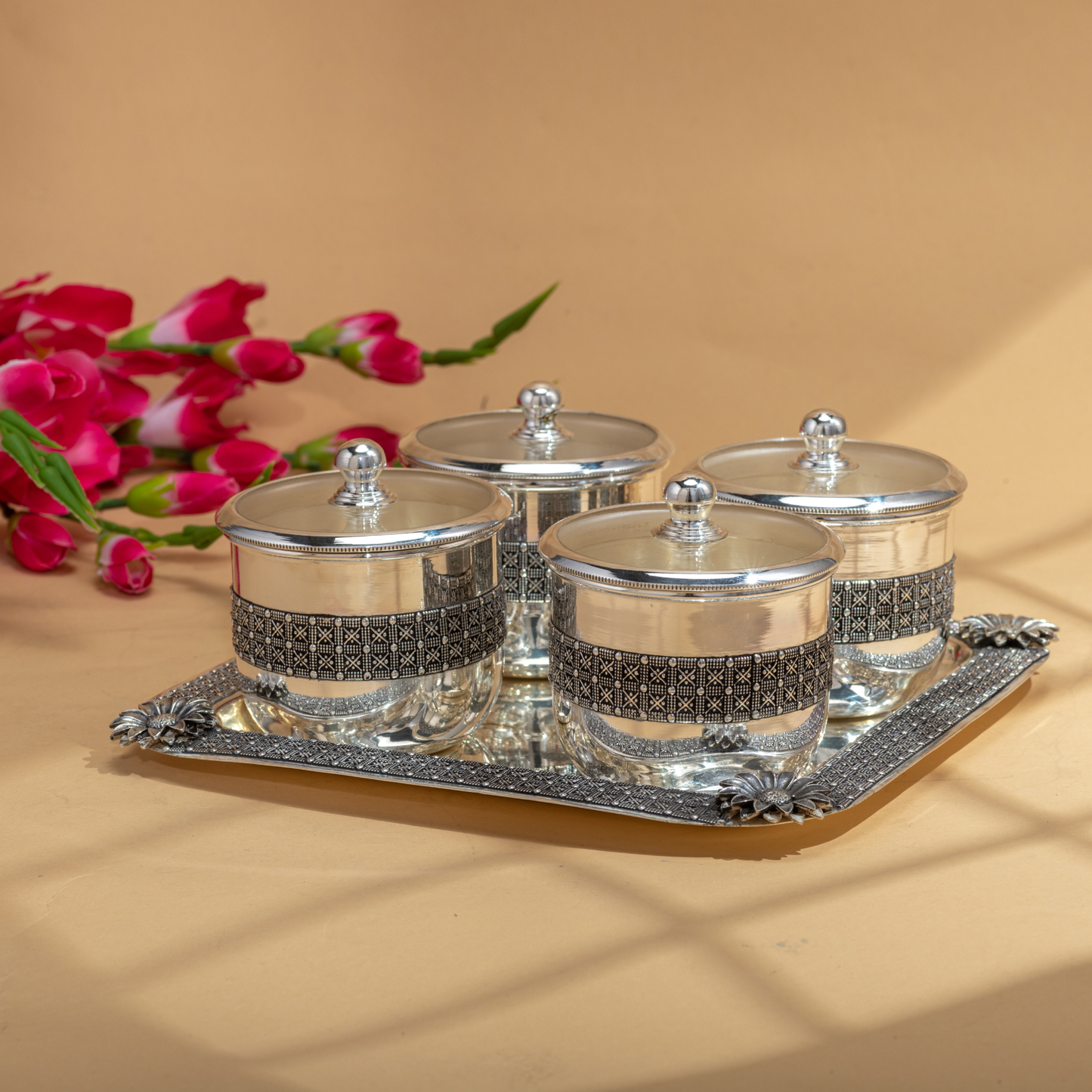 Graceful Silver Dry Fruit Boxes and Tray set with Antique detail