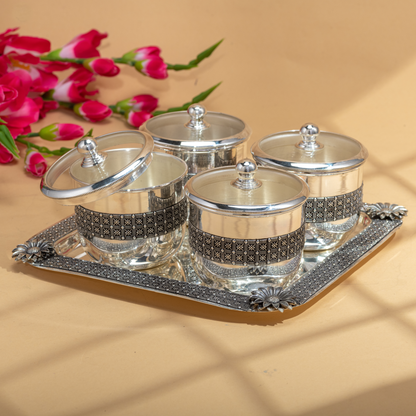 Graceful Silver Dry Fruit Boxes and Tray set with Antique detail