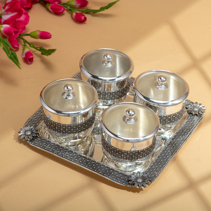 Graceful Silver Dry Fruit Boxes and Tray set with Antique detail