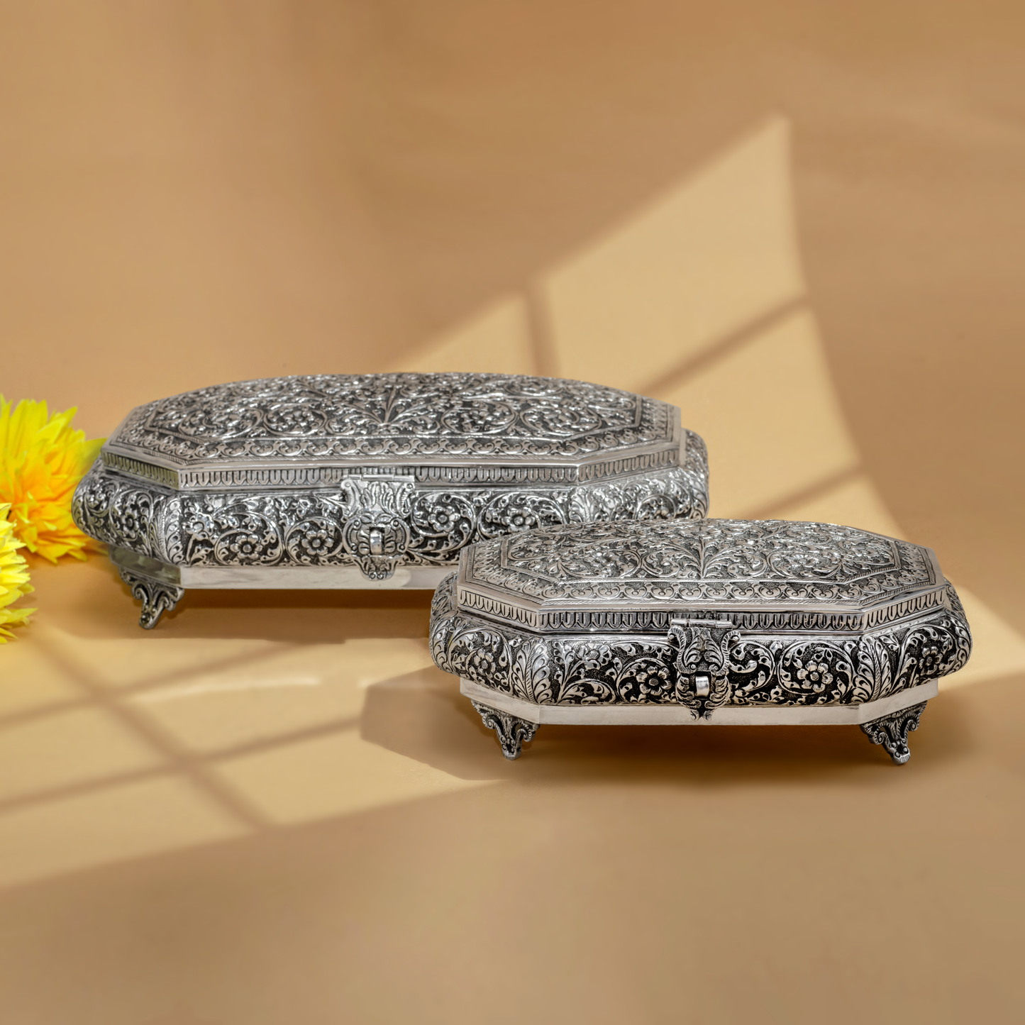 Delicate Nakshi Silver Dry Fruit Boxes in Antique Finish