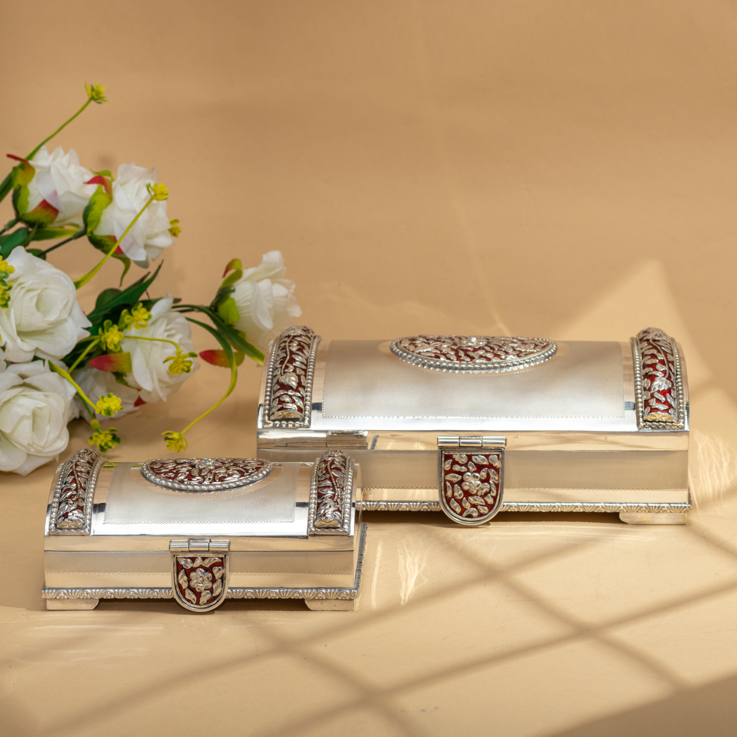 Handcrafted Polished Silver Dry Fruit Boxes with Elegant Meenakari