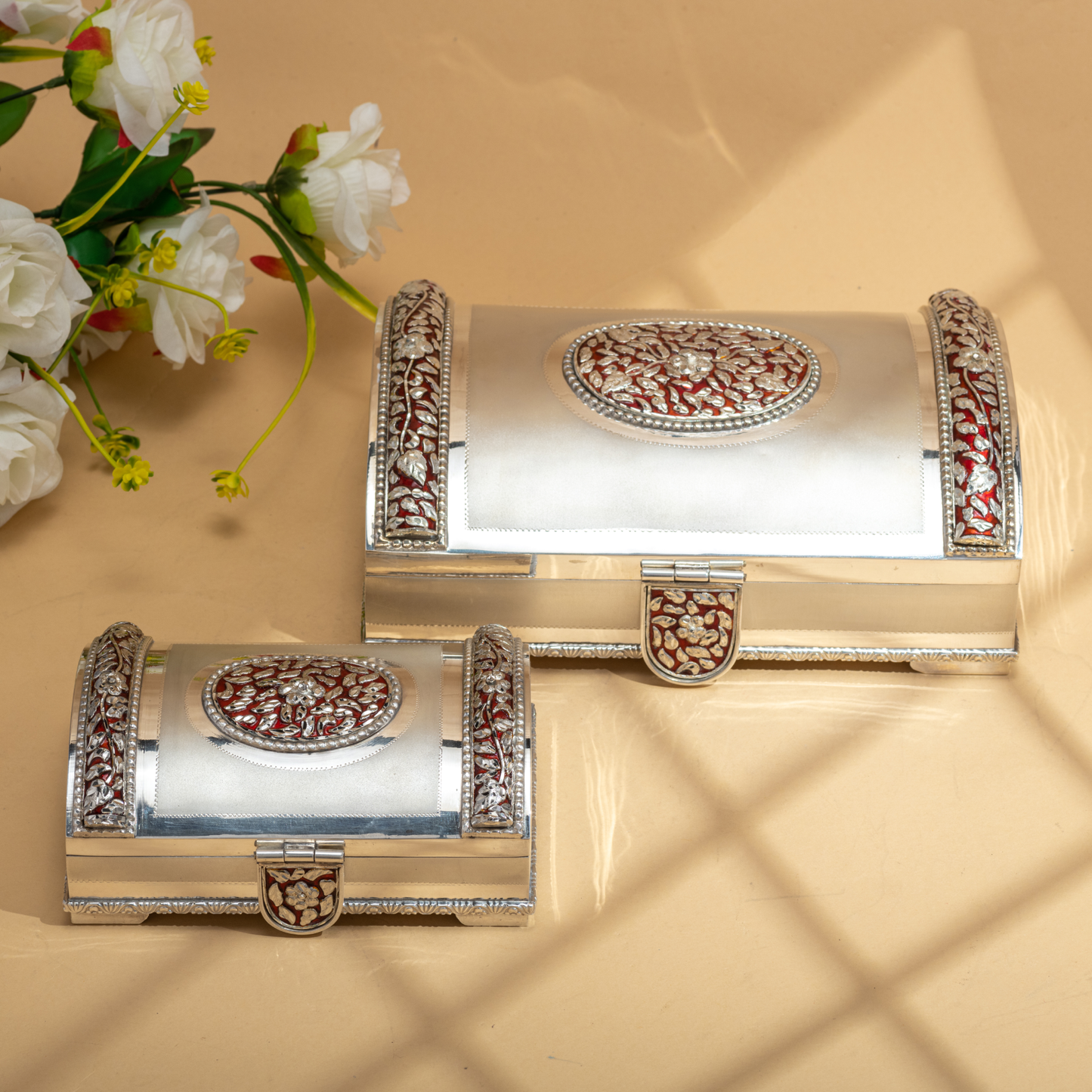 Handcrafted Polished Silver Dry Fruit Boxes with Elegant Meenakari