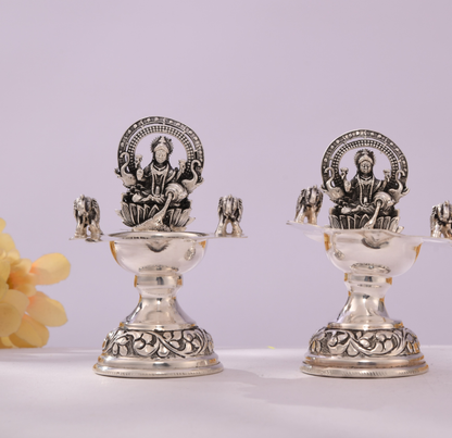 Elegant Antique Silver Lakshmi Diya Set with Elephant Motifs