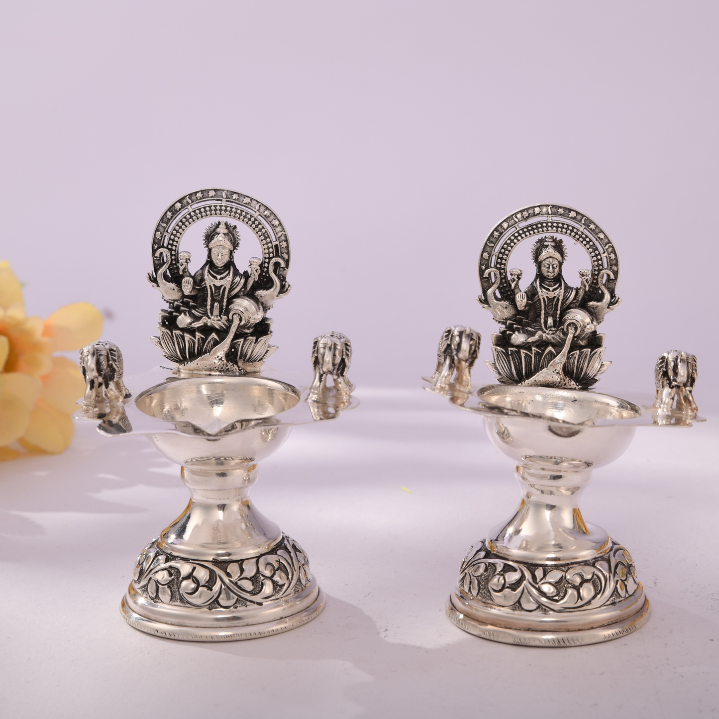 Elegant Antique Silver Lakshmi Diya Set with Elephant Motifs