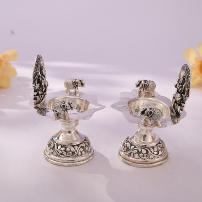 Elegant Antique Silver Lakshmi Diya Set with Elephant Motifs