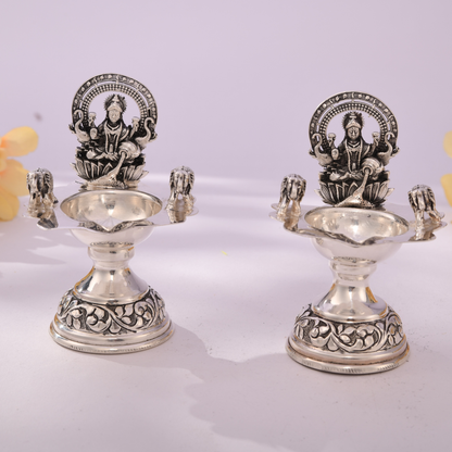 Elegant Antique Silver Lakshmi Diya Set with Elephant Motifs