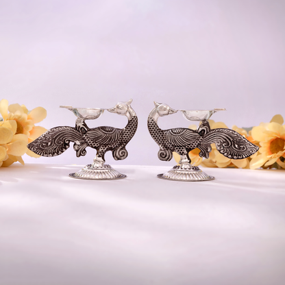 Handcrafted Antique Silver Peacock Diya Set with Elegant Nakshi