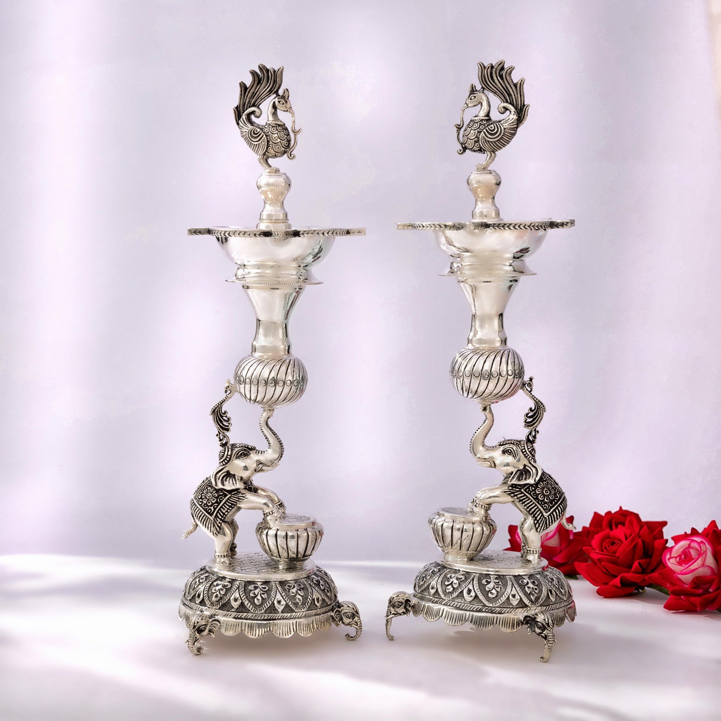 Antique Silver Samayi Diya Set with Elephant and Peacock Motifs