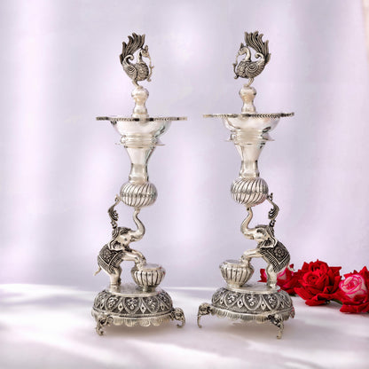 Antique Silver Samayi Diya Set with Elephant and Peacock Motifs