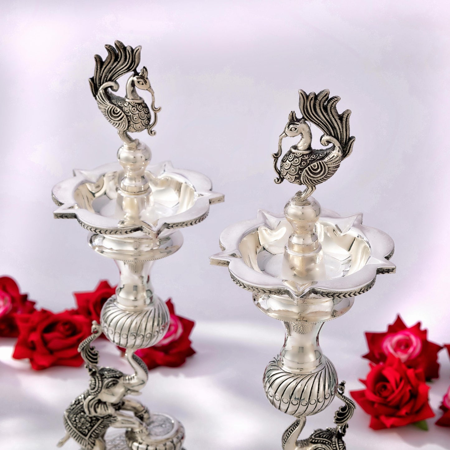 Antique Silver Samayi Diya Set with Elephant and Peacock Motifs