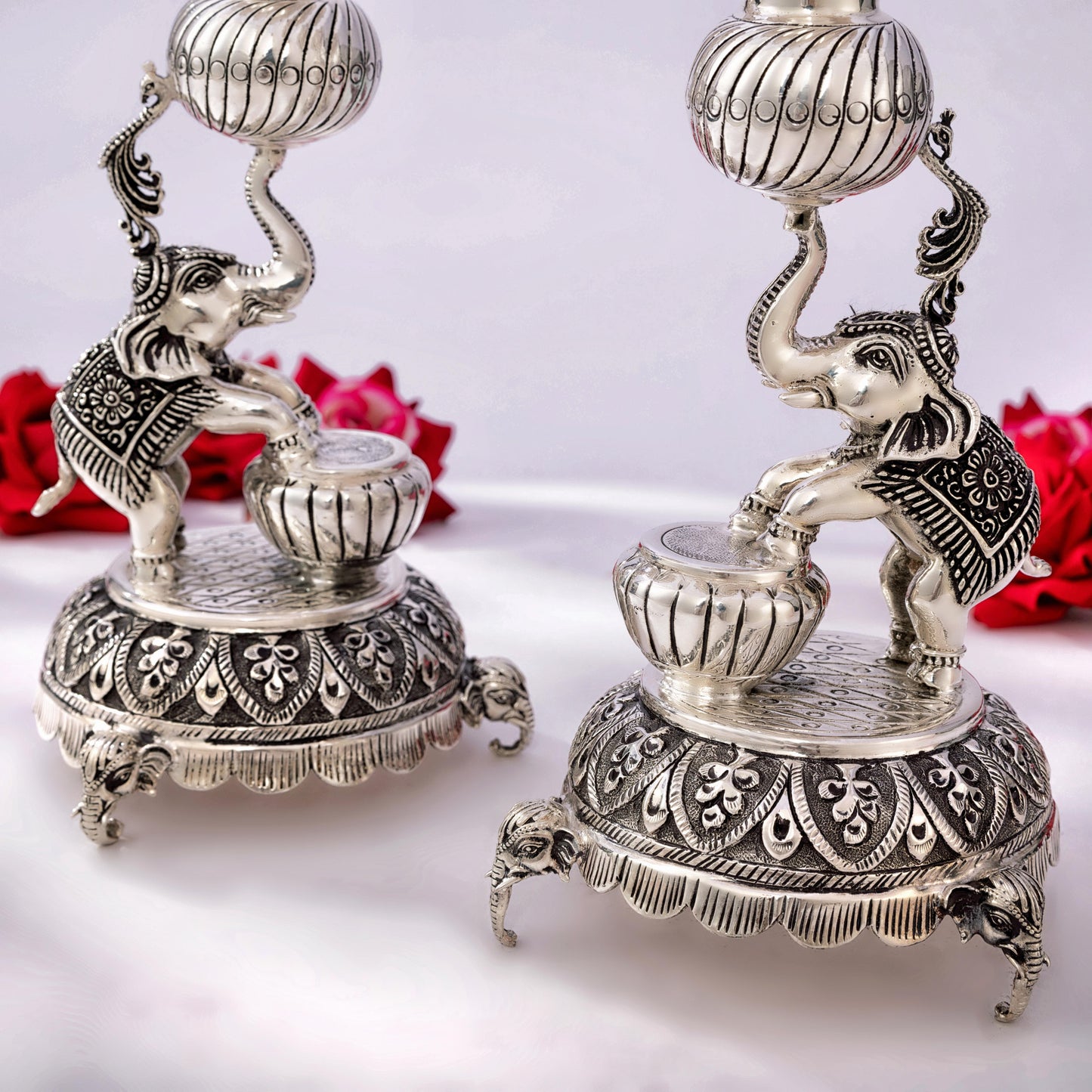 Antique Silver Samayi Diya Set with Elephant and Peacock Motifs