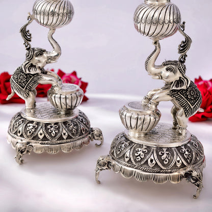 Antique Silver Samayi Diya Set with Elephant and Peacock Motifs