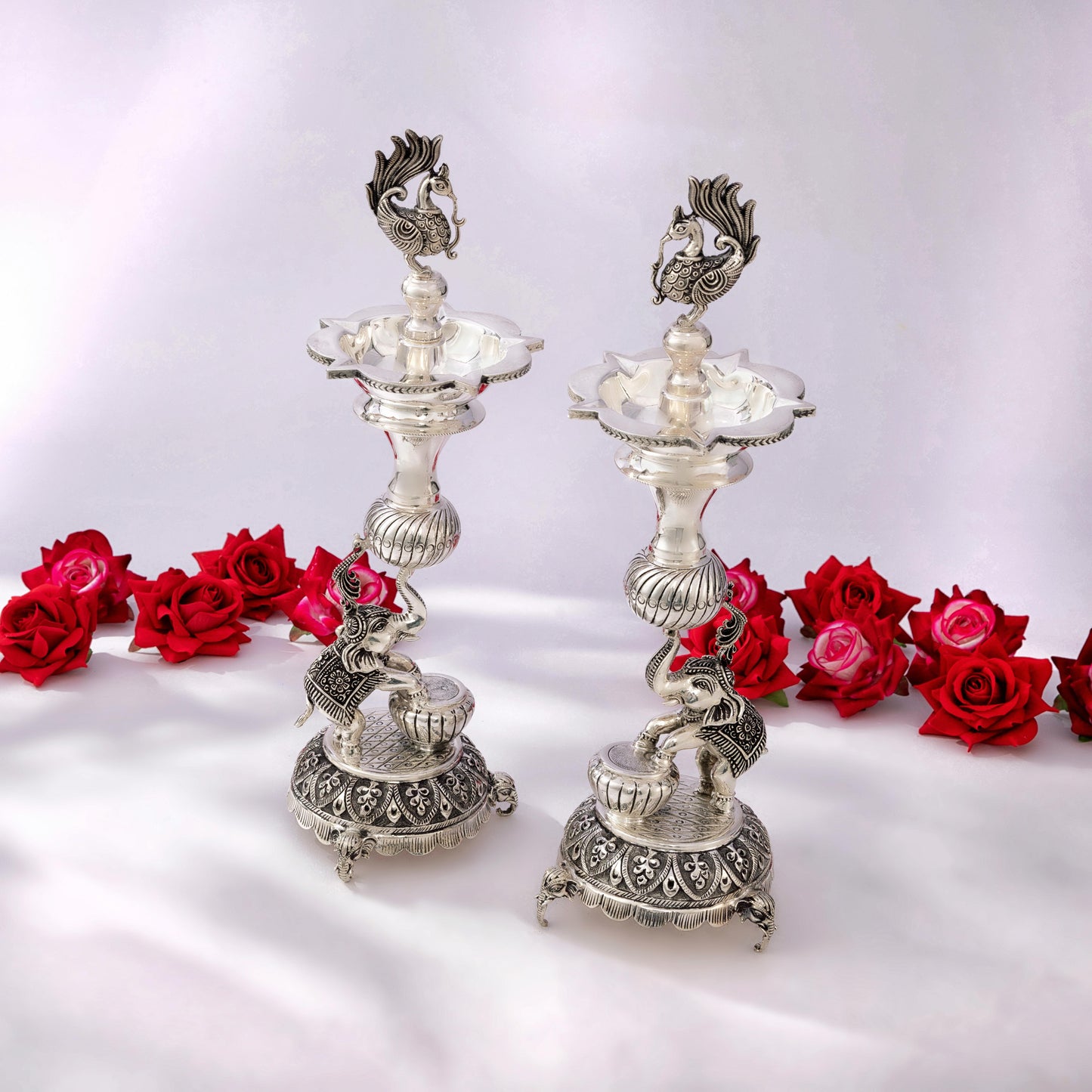 Antique Silver Samayi Diya Set with Elephant and Peacock Motifs