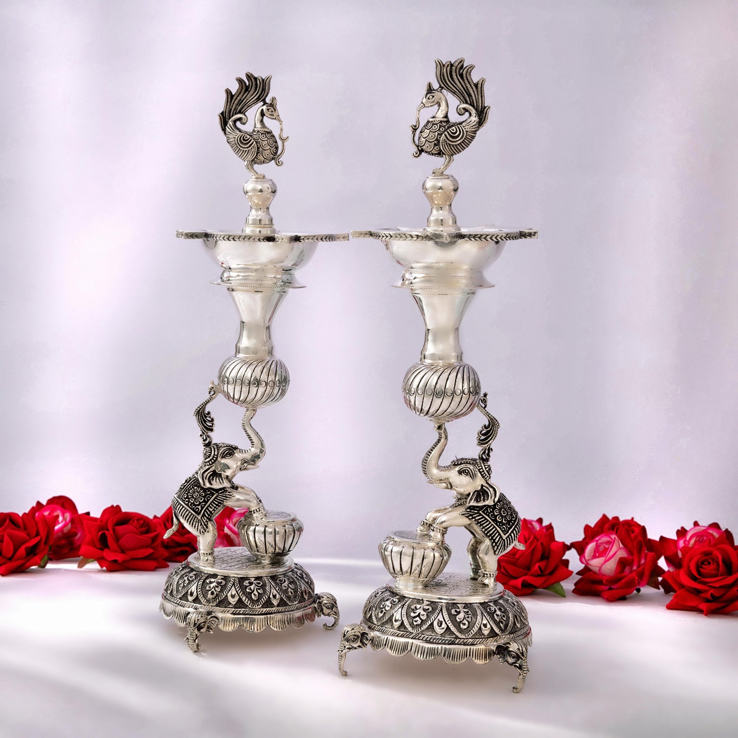 Antique Silver Samayi Diya Set with Elephant and Peacock Motifs