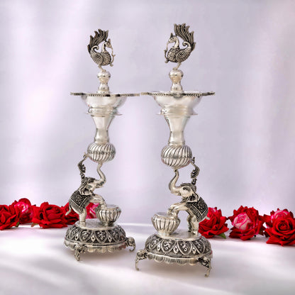 Antique Silver Samayi Diya Set with Elephant and Peacock Motifs