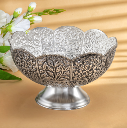 Handcrafted Antique Silver Bowl with Elegant Floral Nakshi