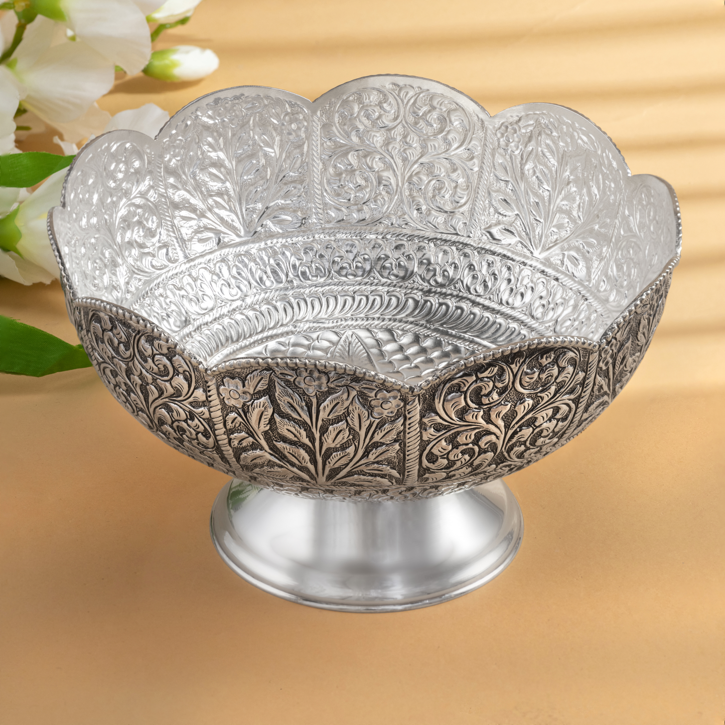 Handcrafted Antique Silver Bowl with Elegant Floral Nakshi