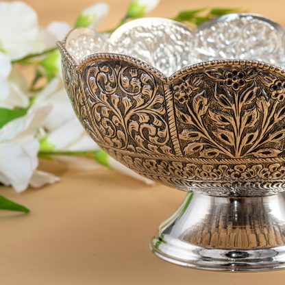 Handcrafted Antique Silver Bowl with Elegant Floral Nakshi