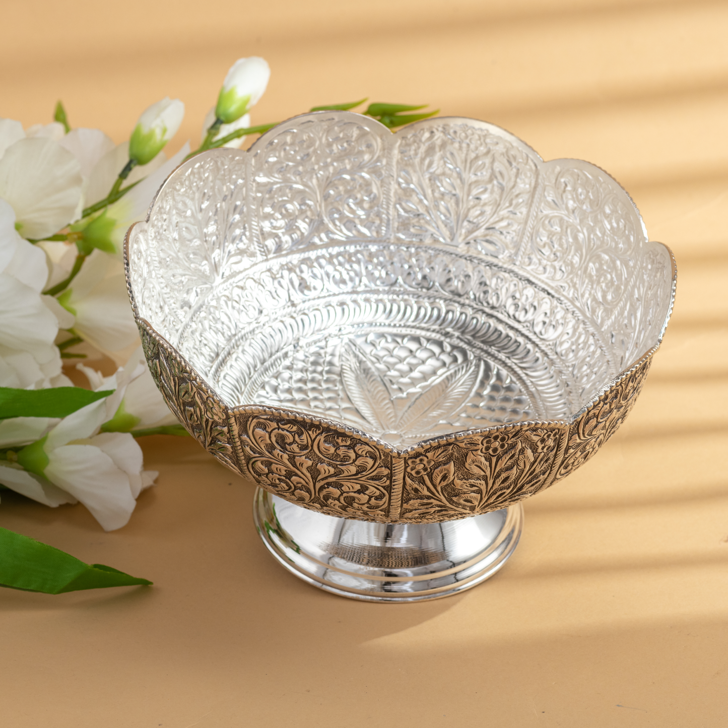 Handcrafted Antique Silver Bowl with Elegant Floral Nakshi