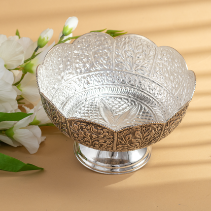 Handcrafted Antique Silver Bowl with Elegant Floral Nakshi