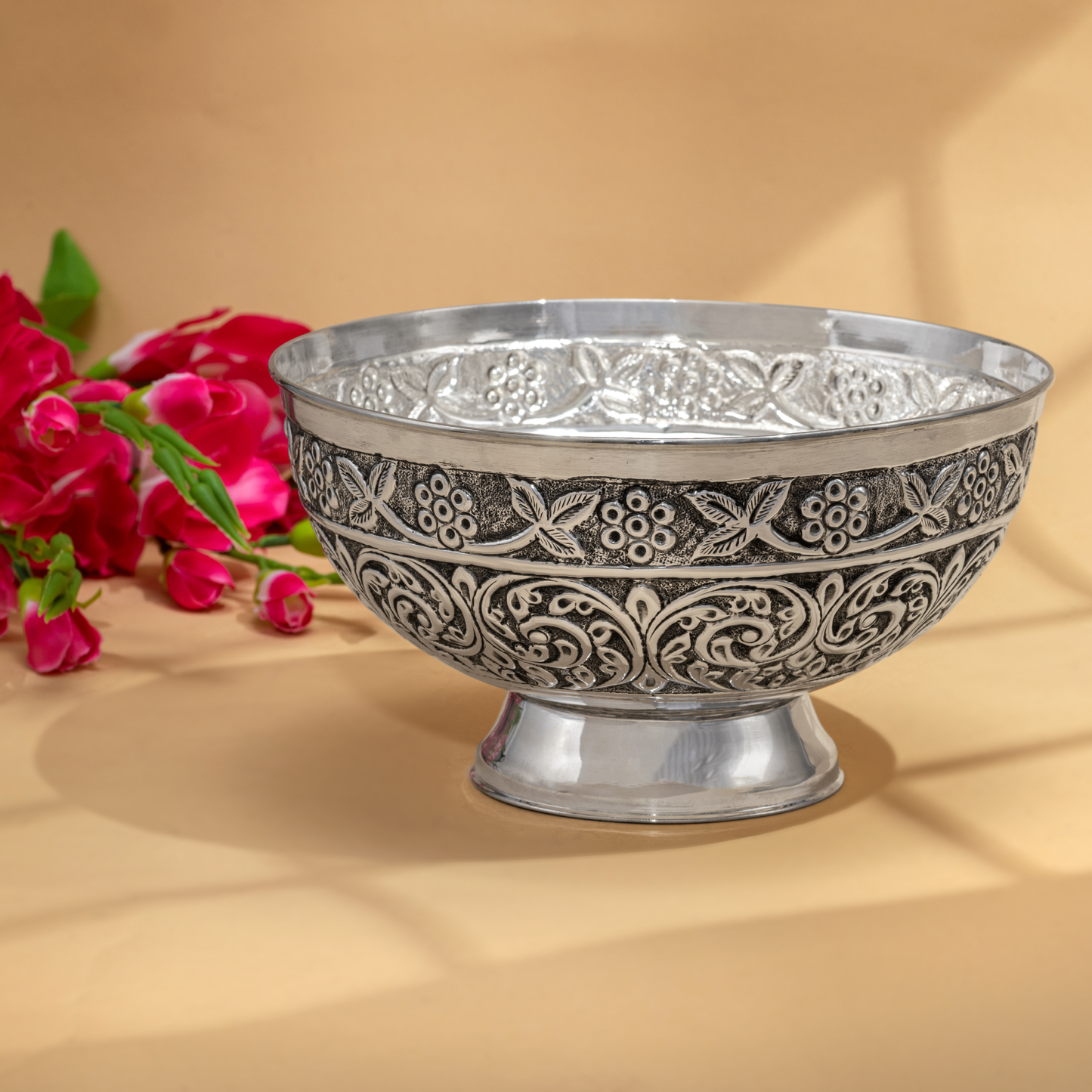 Splendid Antique Silver Bowl with Stunning Floral Nakshi