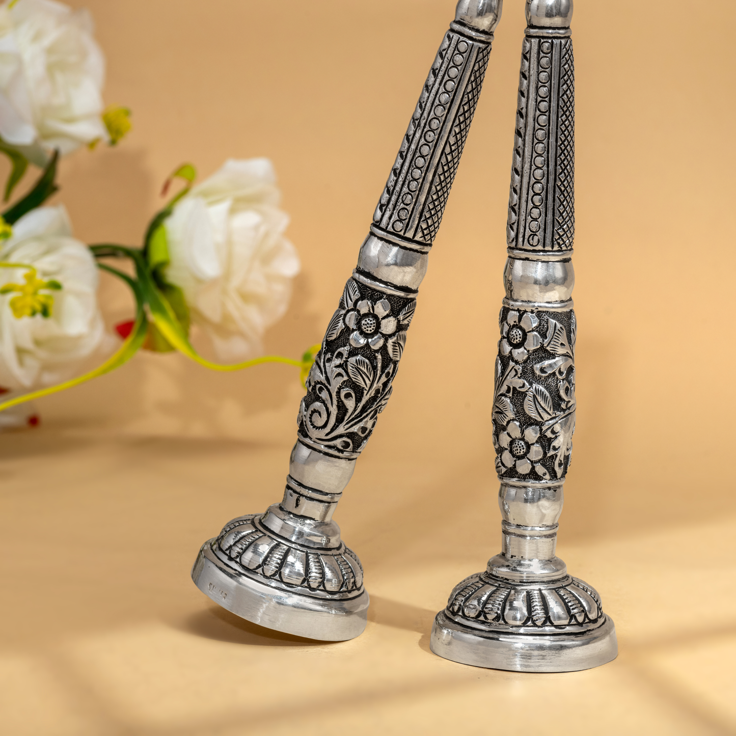 Antique Silver Engraved Flower Vases – Set of Two