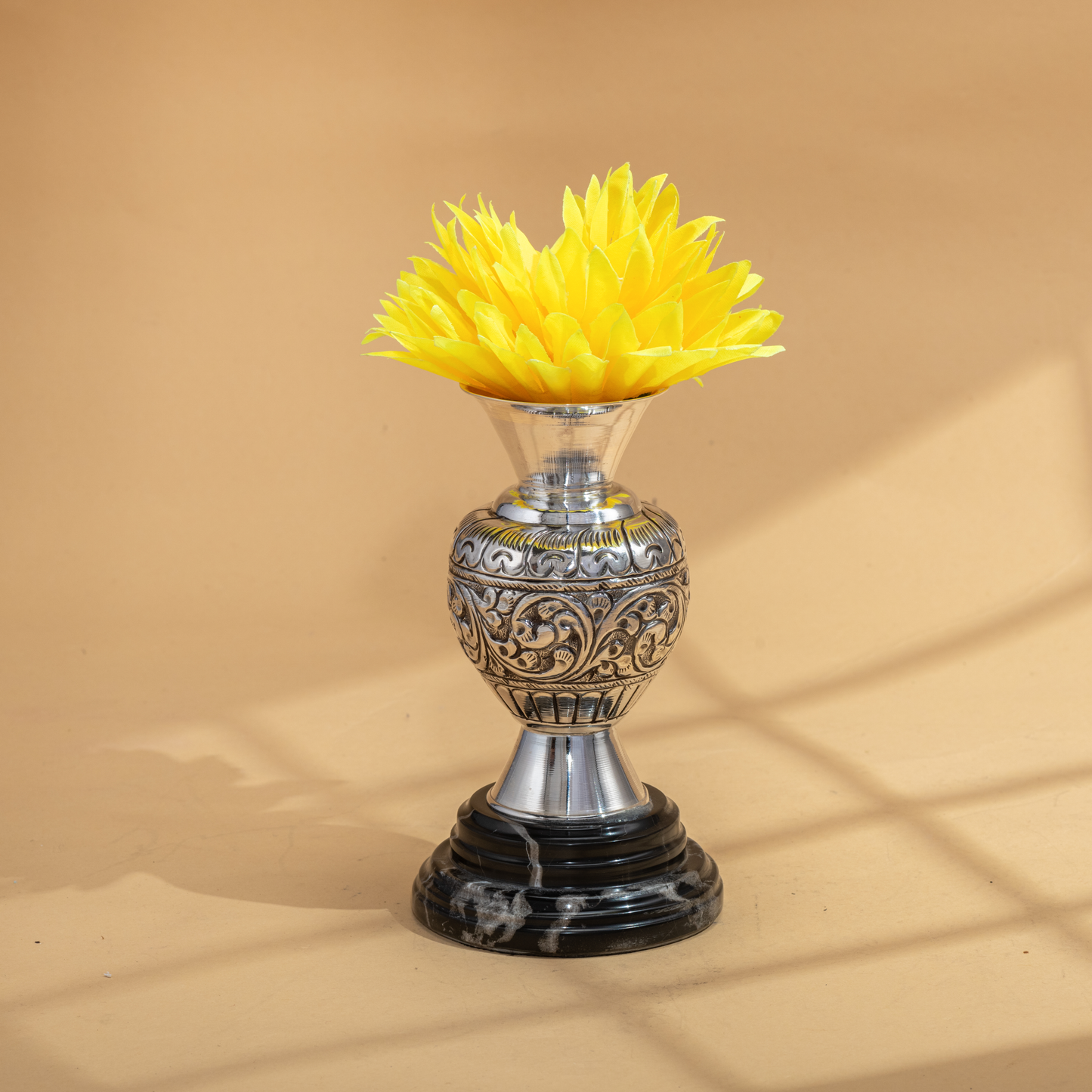 Handcrafted Silver Flower Vase with Antique Floral Design