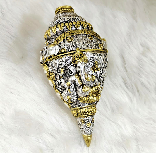 Gold Silver Ganesha Engraved Shankh