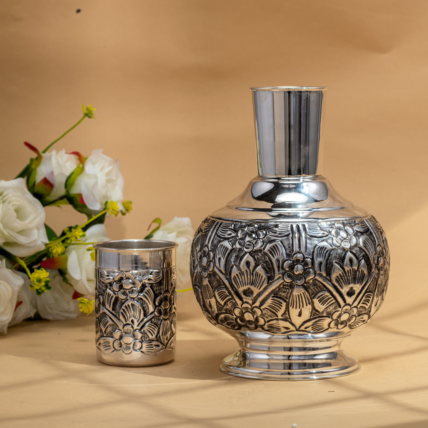 Radiant Floral Nakshi Jug Kunja Set in Antique Silver