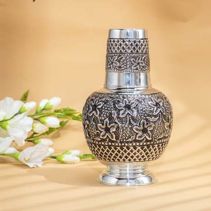 Stunning Floral Nakshi Silver Jug Kunja Set in Antique Finish