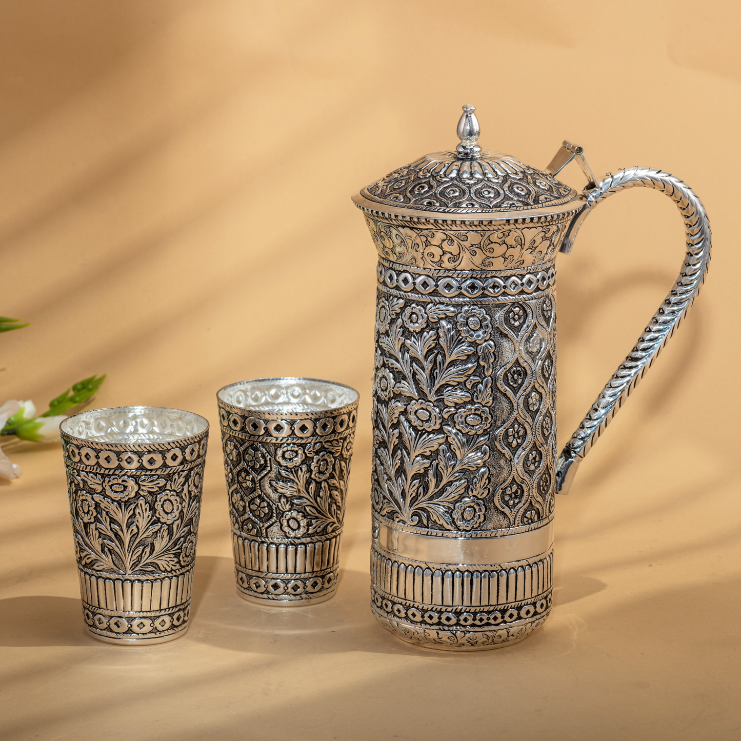 Enchanting Floral Silver Jug set in Antique Finish